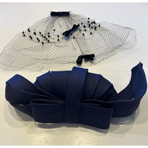 Ladies’ Hat Designed By Gertrude Menczer St Louis w/ Combs & Veil Net Navy Blue - Picture 9 of 12